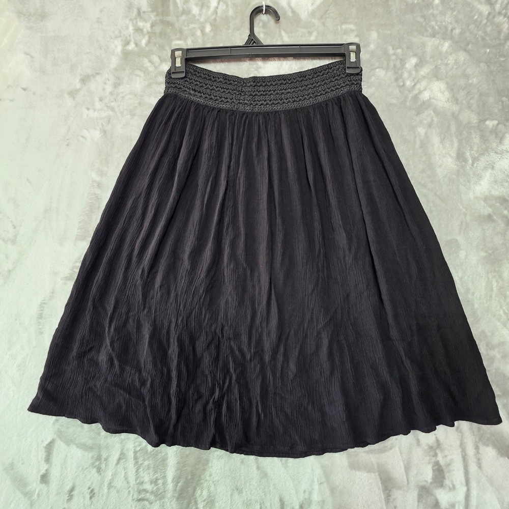 Gypsie Blu Black Crinkle Rayon Smocked Waist Midi Skirt Large L Boho Lined